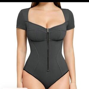 Popilush L Grey Denim Zip-Front Bodysuit
